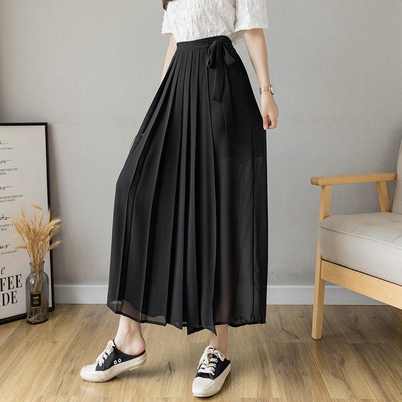 Summer Korean Women Big Hem Skirt Trousers Pleated Chiffon Trousers High Waist Pants Casual Wide Leg