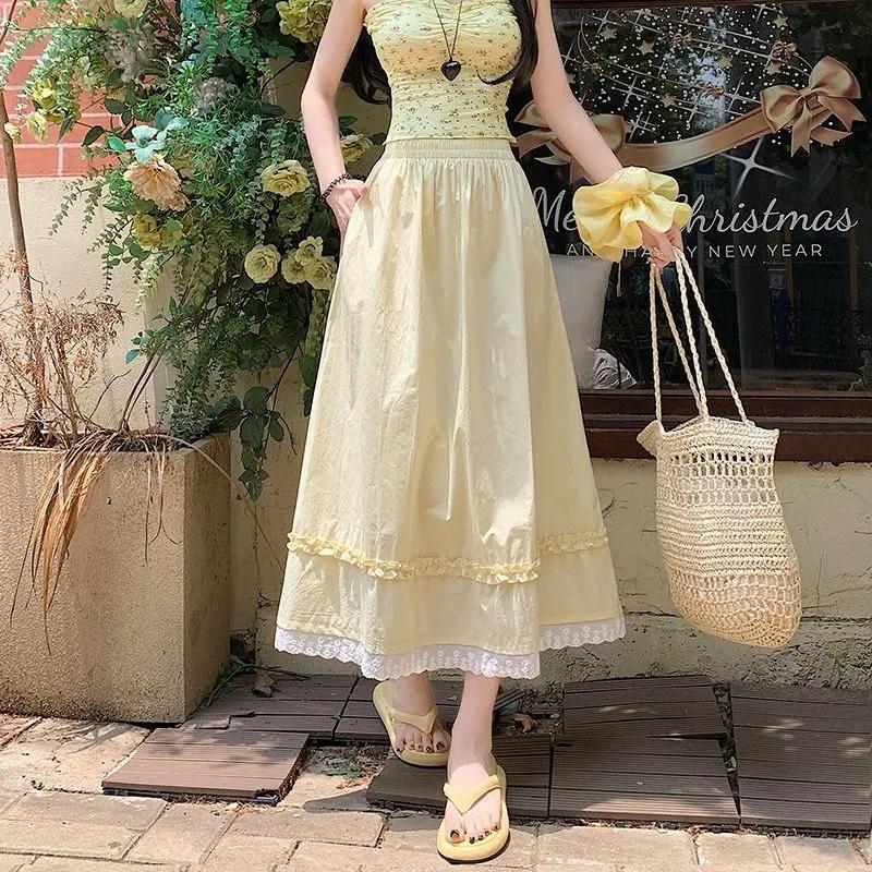 Women Elastic Waist Lace Trim Midi Skirt A Line Casual Summer Long Skirt With Ruffle Hem S