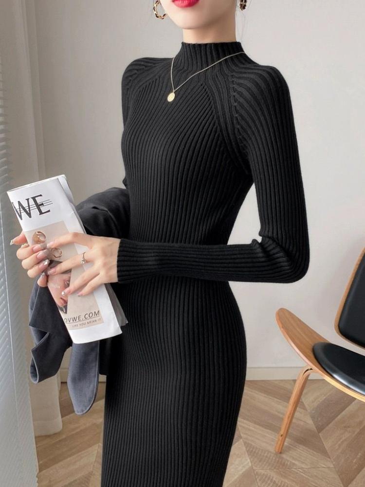 Women Mock Neck Solid Slim Sweater Dress Long Sleeve Knit Sexy Bodycon Dress Basic Casual Dress for Women Autumn Winter