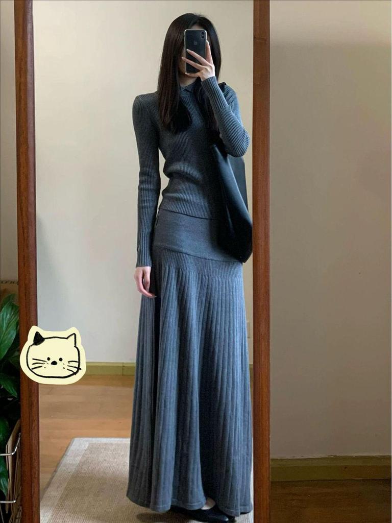Elegant French Knit Waist-Cinched Women's Long Skirt