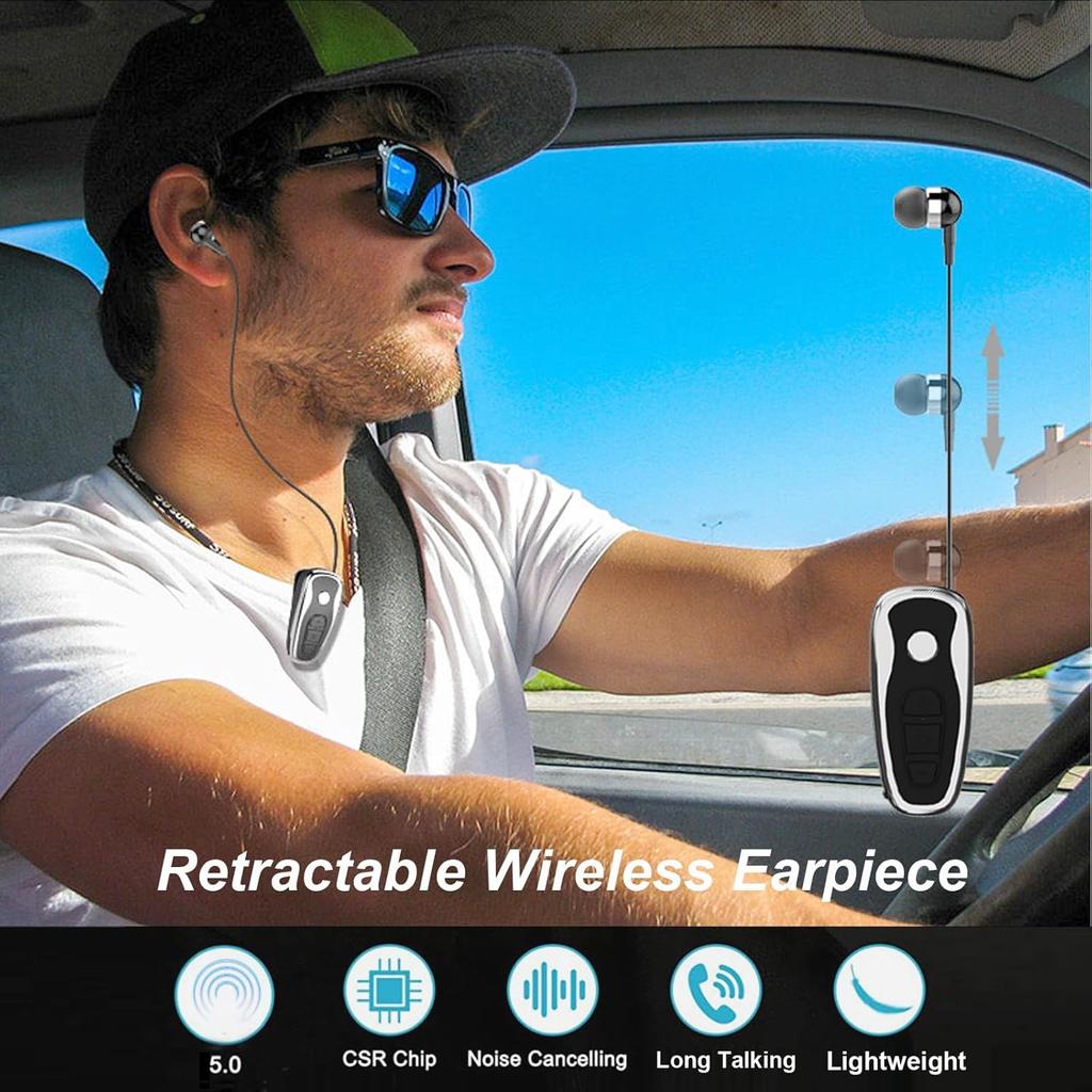 Retractable Wireless Headphone Headset Stereo Earphone lightweight V5.0 Noise Cancelling Mic Clip on Earpiece workout Sports running Business Trucker