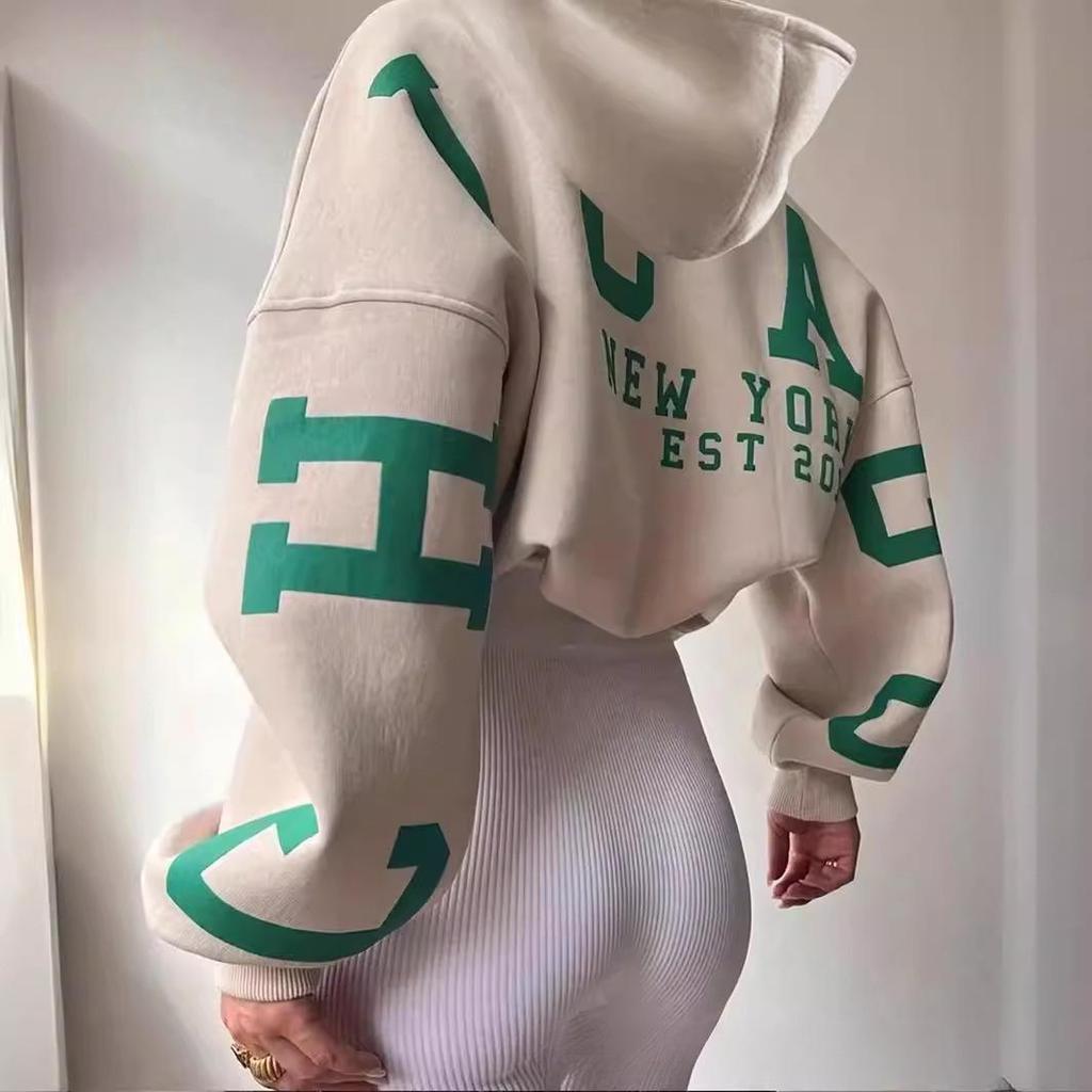 2024 Wild Berry Russian Women's Fashion Thick Print Long Sleeve Khaki Hoodie