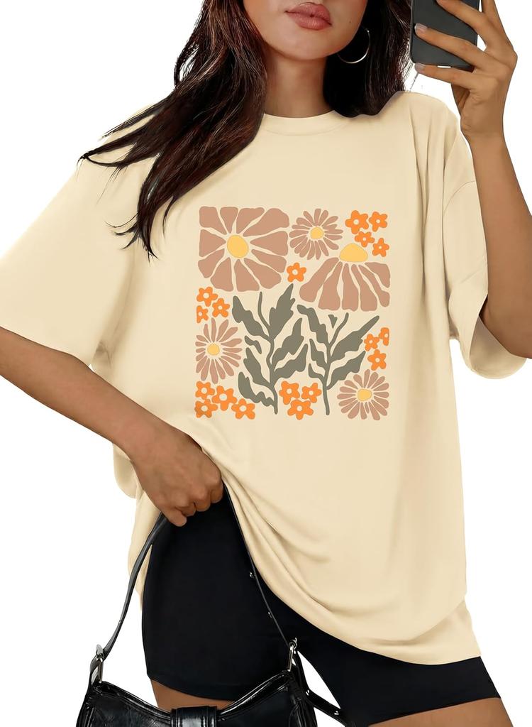 Womens Oversized Tshirt Flower Graphic Tees Crew Neck Short Sleeve Shirts Summer Casual Loose Workout Tops