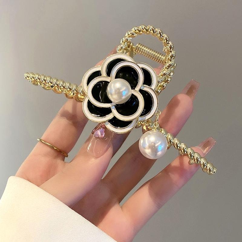 

Заколка для волос «Коготь акулы» с жемчугом и камелией, металлическая заколка для волос, женская заколка для волос в виде крабового когтя, аксессуары для волос для девочек чёрный