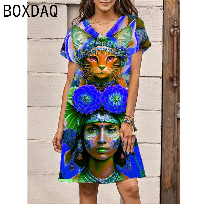 Colorful Indian Style Women Short Sleeve V-Neck 3D Printed Dress New Big Size Summer Casual A-Line Mini Dresses