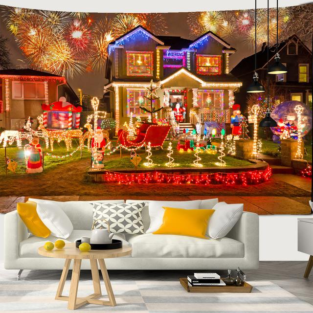 Snow Christmas Tree Fireplace Santa Claus Print Tapestry Wall Hanging Background Cloth Decor Christmas Home Room Wall Decoration