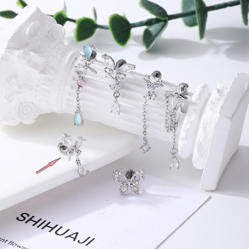 Korean Flower Teardrop Pendant Heart Star Titanium Steel Cartilage Stud Earrings