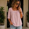 Women's Square Neck Sleeve Blouse Loose Fit Pleated Cotton Linen Casual Top for Summer