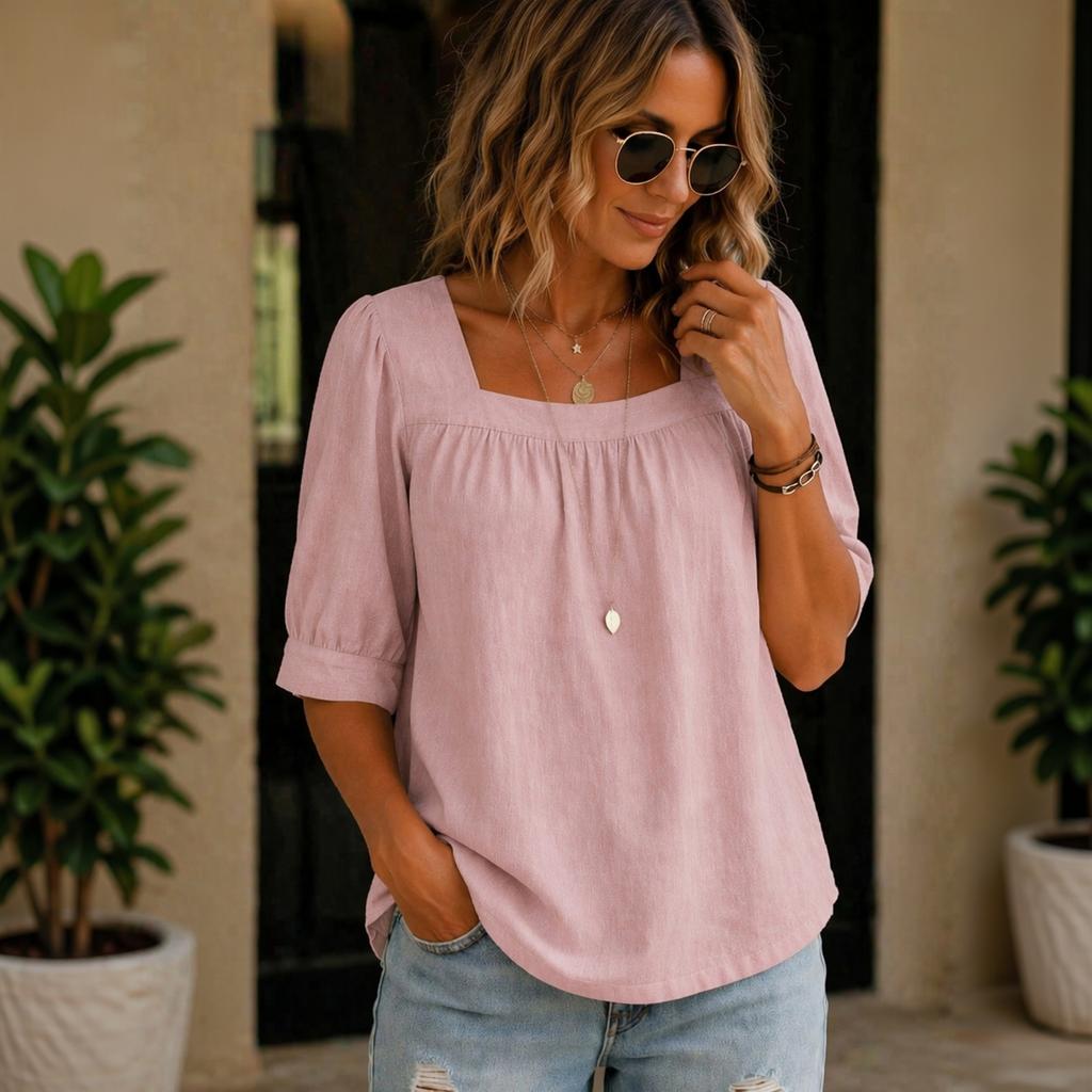 Women's Square Neck Sleeve Blouse Loose Fit Pleated Cotton Linen Casual Top for Summer