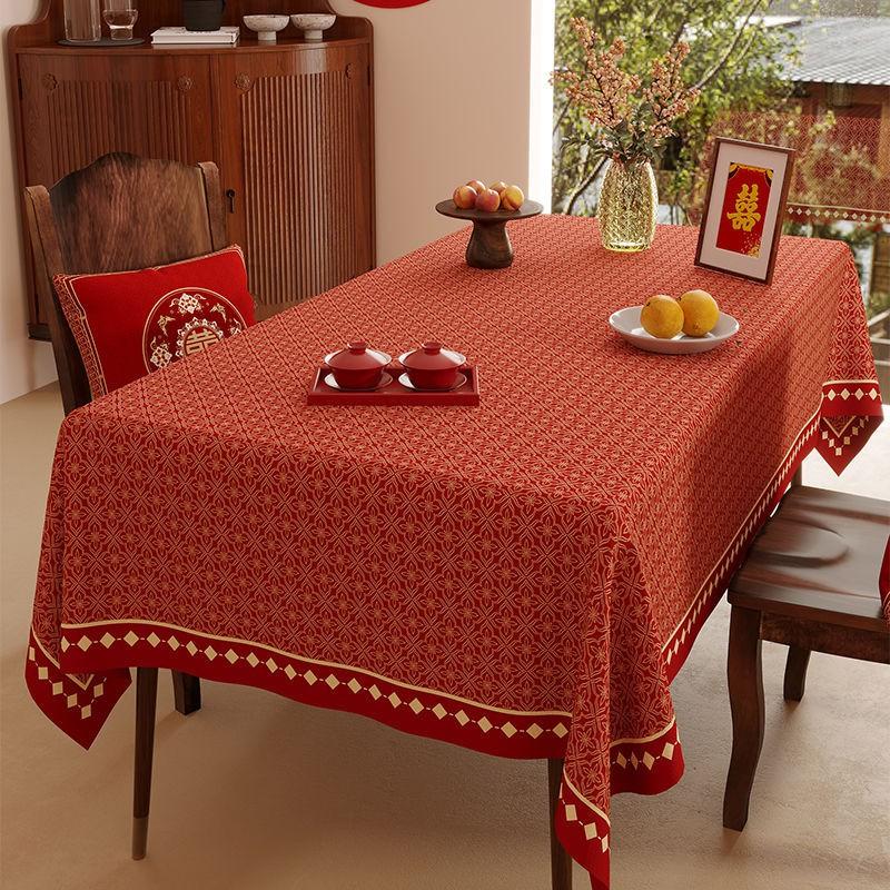 Elegant Red Wedding Tablecloth Rectangular Velvet Waterproof Decorative Dining Table Cover Banquet Celebration
