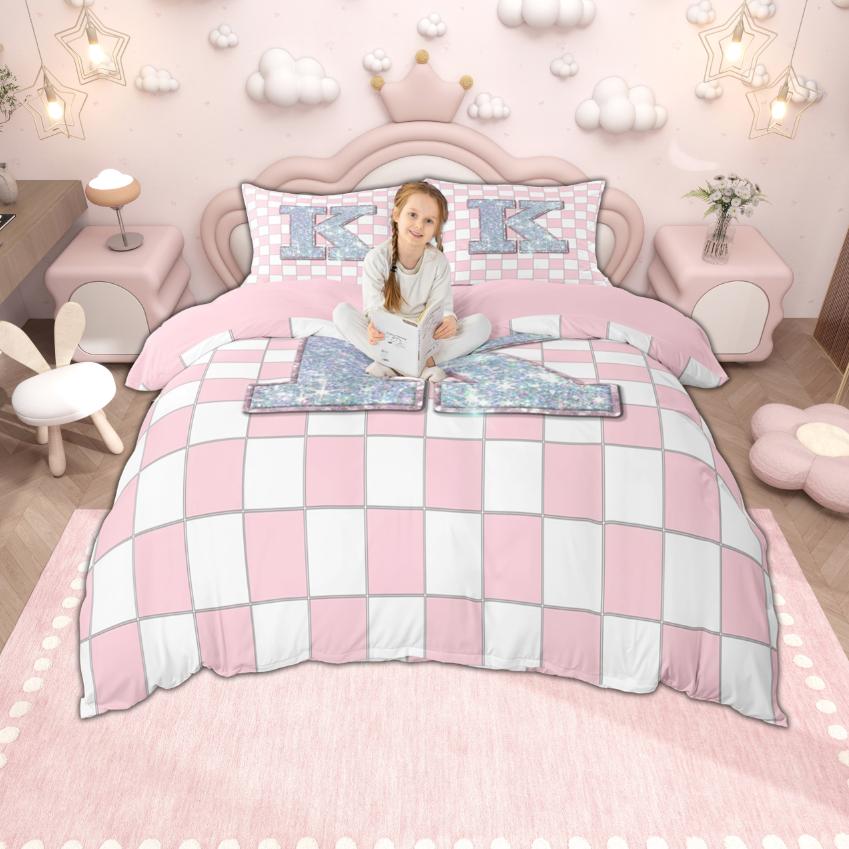 Homewish Monogrammed Duvet Cover Set for Kids, Pink Buffalo Plaid Bedding Set, Pink Reversible Quilt Cover Set