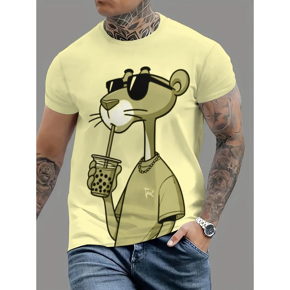 Summer Mens T-shirts Cartoon Pink Panther Print Short Sleeve O-neck Tees Casual Loose Daily Sports Oversized Unisex Tops