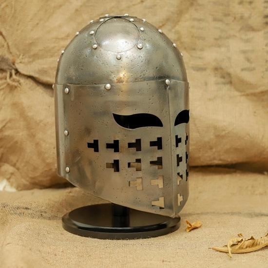 Weathered Steel Knight Helm  Medieval Crusader Cosplay Armor with Stand
