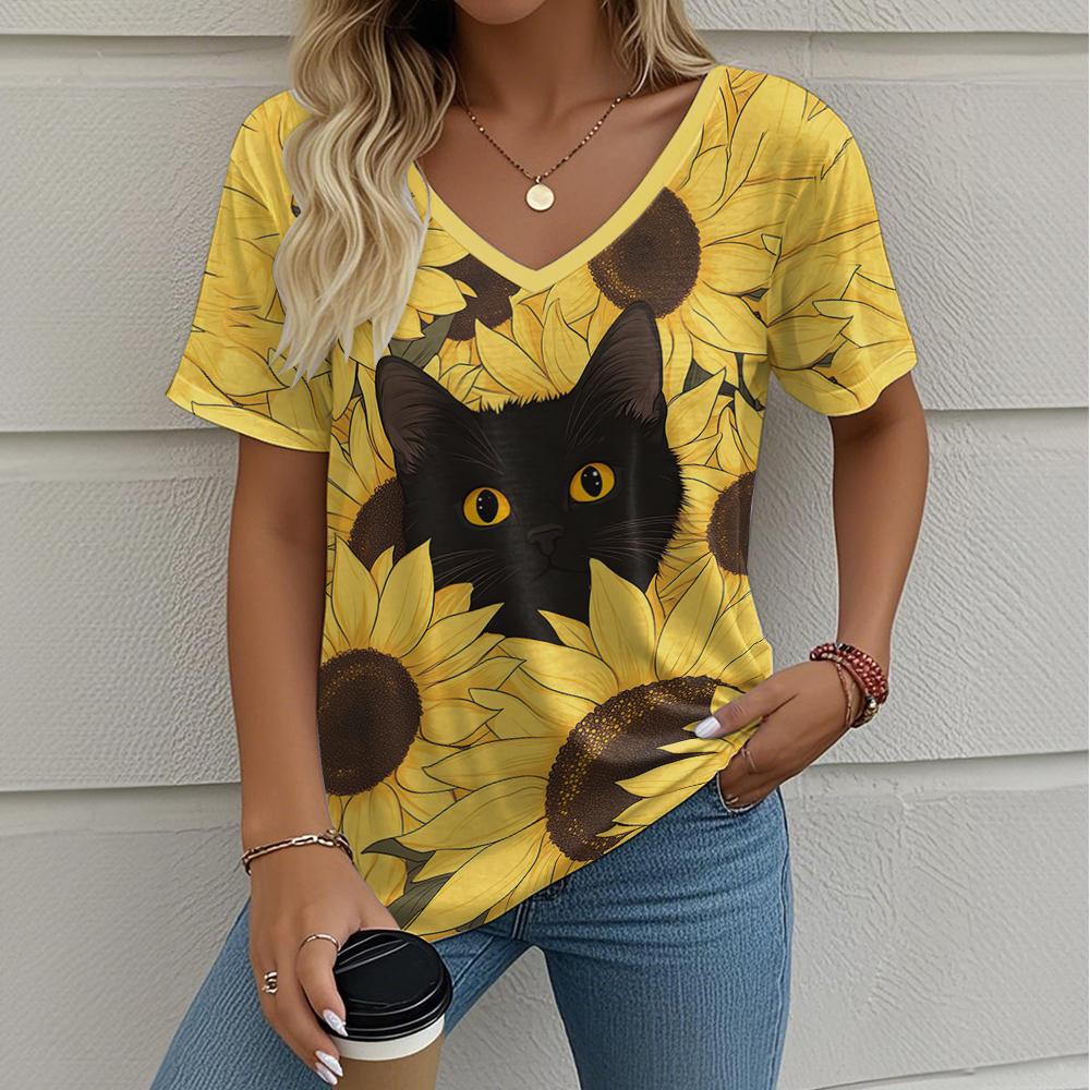 Summer Women's T-Shirt Sunflower Print Outdoor Retro Fashion Casual Oversized V-Neck Y2k Short-Sleeved Women's Clothing
