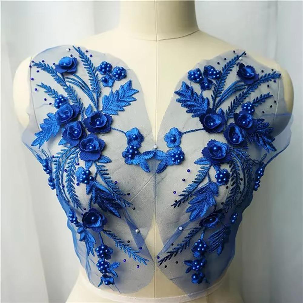 

Appliques Sew White Black Wedding Gown Appliques 3D Flower Tassel Beads Embroidered Appliques Lace Appliques синий