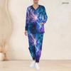 Women Plus Size V Neck Long Sleeve Scrub Set Purple Pink Cosmic Swirl Galaxy Print Nurse Uniform Set