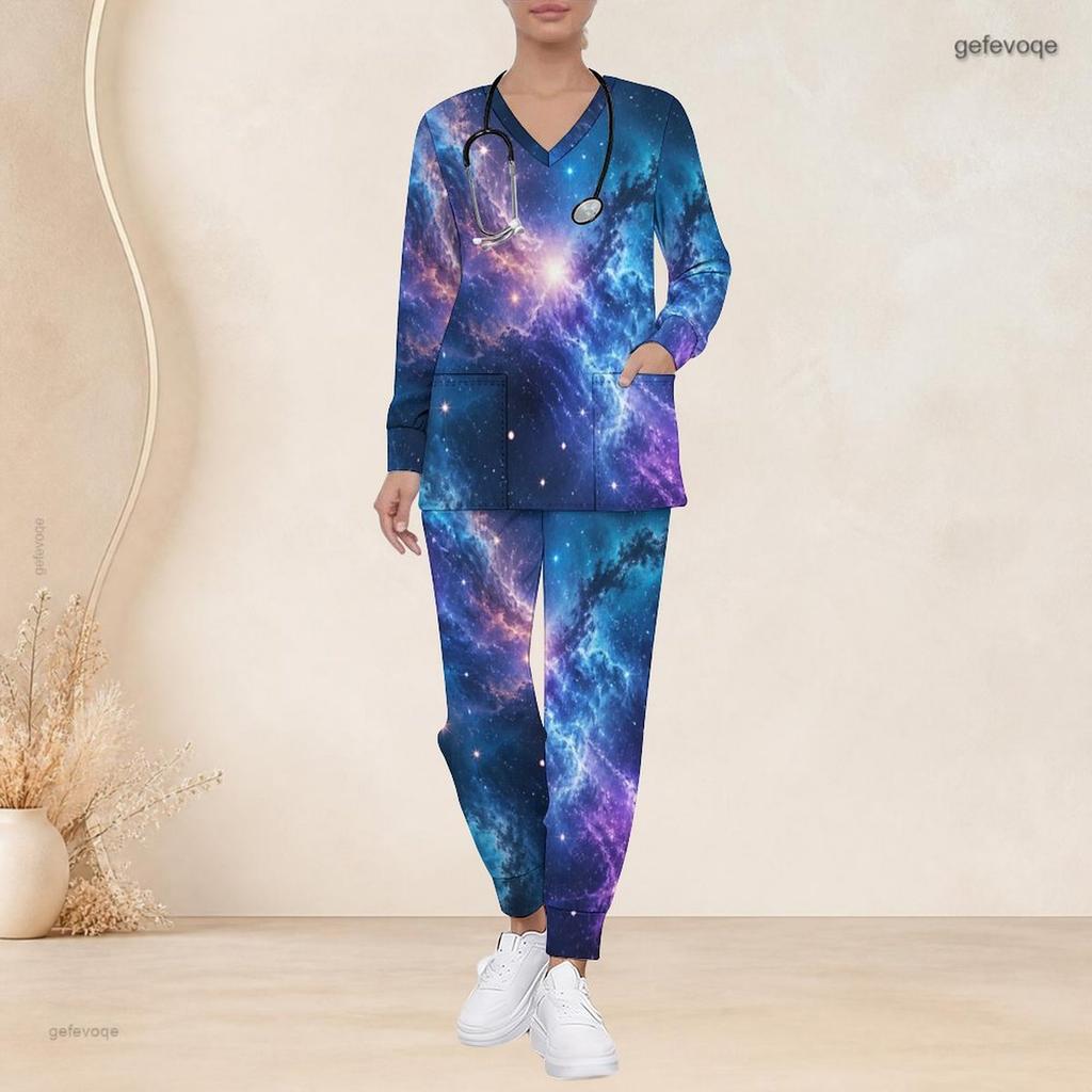 Women Plus Size V Neck Long Sleeve Scrub Set Purple Pink Cosmic Swirl Galaxy Print Nurse Uniform Set