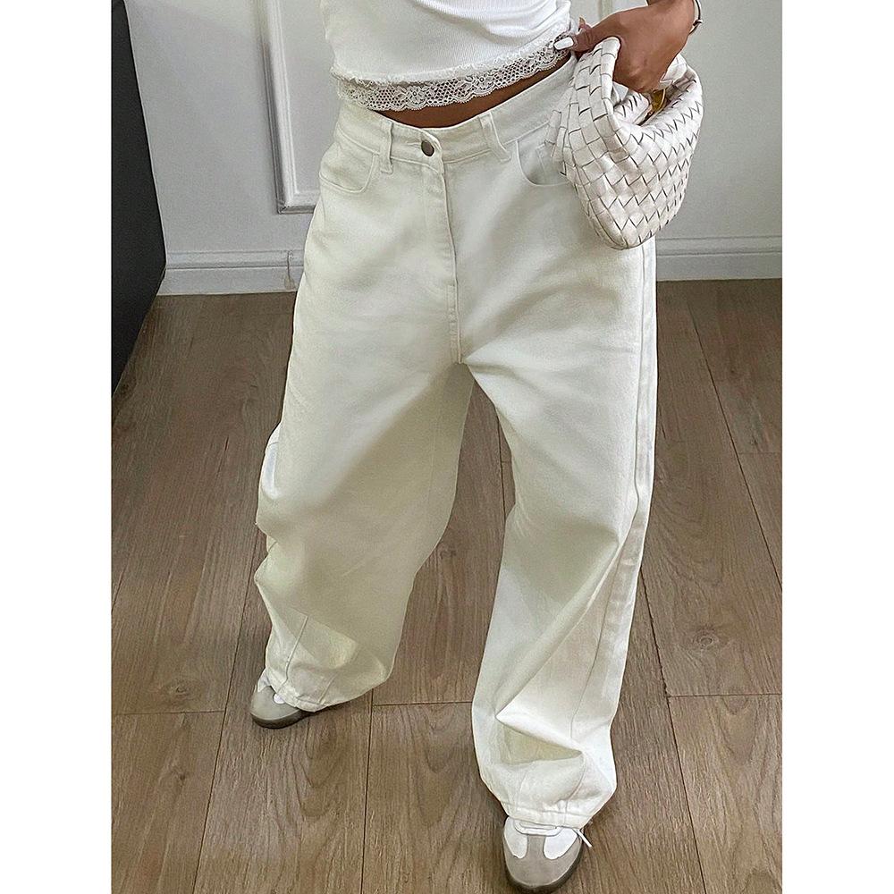 Dames Hoge Taille Witte Wijde Pijp Jeans Losse Rechte Denim Broek Casual Streetwear Lange Broek
