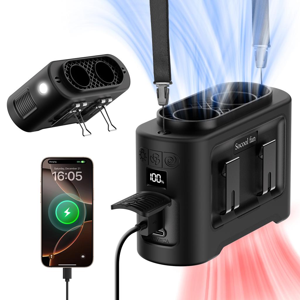 Socool 14500mAh Přenosný pasový ventilátor Dvojitý výstup vzduchu Turbo motory se čtyřmi klipy Nouzové světlo Power Banka pro venkovní použití