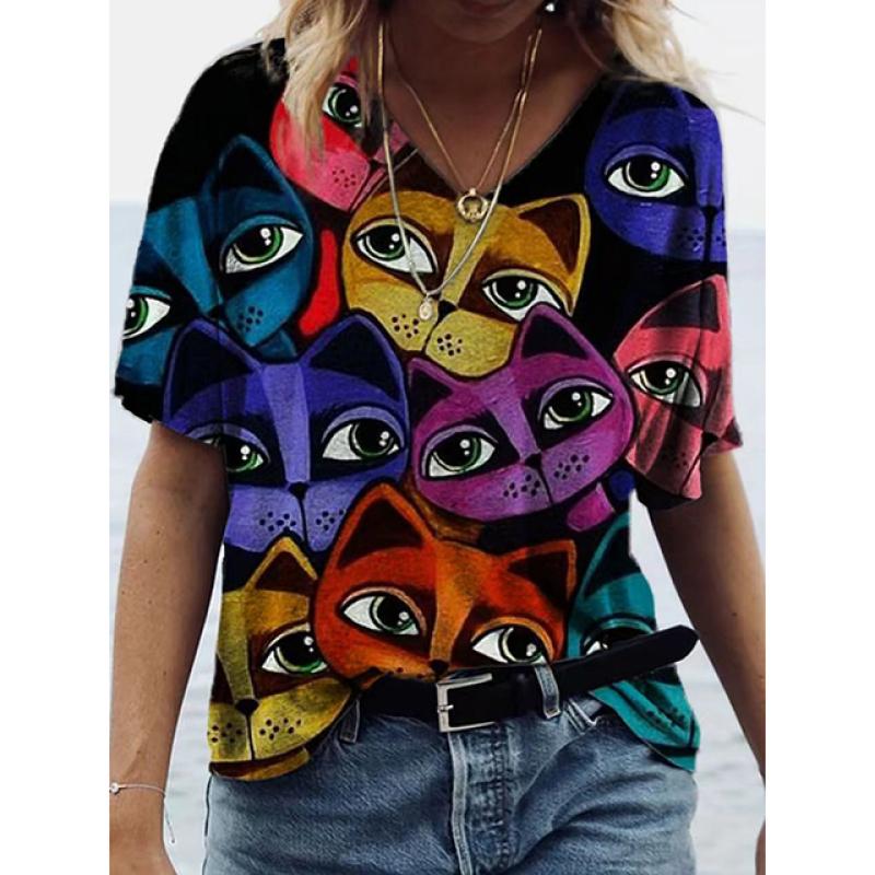 Women's 3d Cats Print T-Shirt Fashion Woman Blouses 2024 Funny Kawaii V-Neck T Shirt Female Clothing Oversized Summer Tops Tees