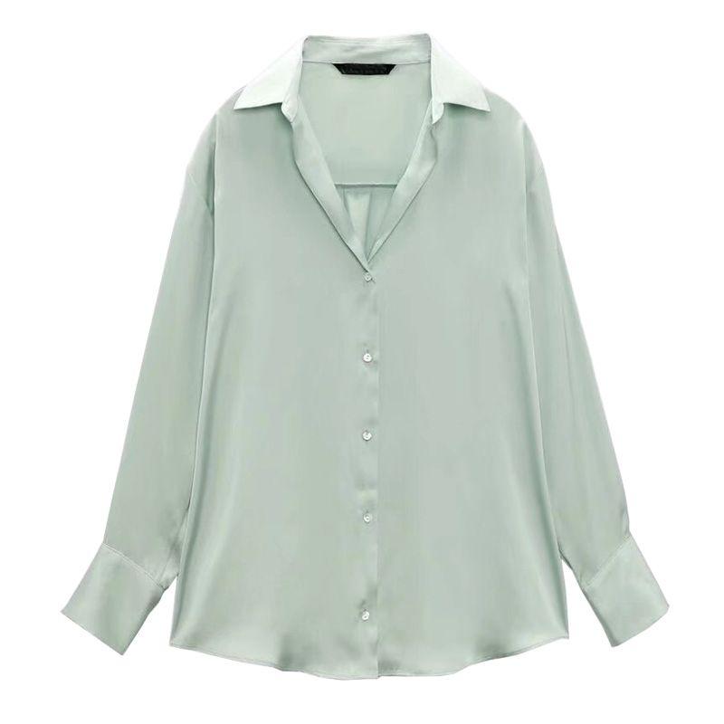 Spring New Style White Tops Lapel Loose Long Sleeves Classic Silk Satin Textured Shirt for Women 7969046