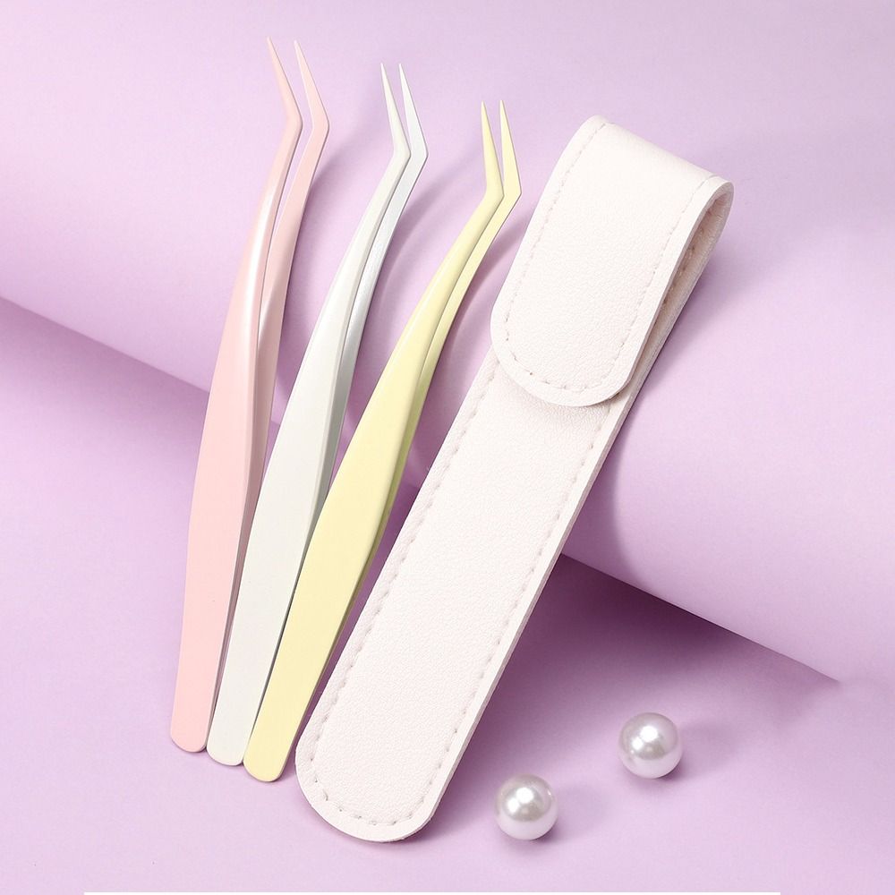 Stainless Steel False Eyelash Tweezers High Precision With Leather Case Lashes Extension Tweezer Anti-static Eyelash Curler