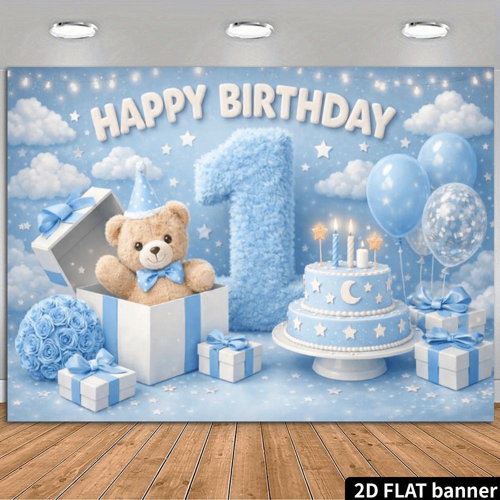 2D Plane Blue Sky White Clouds Little Bear 1st Birthday Background Cloth Birthday Celebration Background