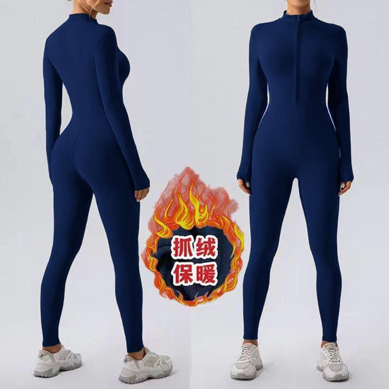 Winter Warm Fleece Tight Jumpsuit Yoga Fitness Dance Cycling Jumpsuit Zipper Tight Jumpsuit Pilates Sports Warm Training Jumpsuit