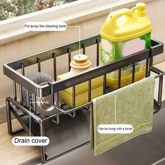Kitchen Sink Caddy Organizer Plastic Sponge Soap Dish Holder with Dishcloth Hanger Drying Rack And Auto Drain Tray for Kitchen Countertop