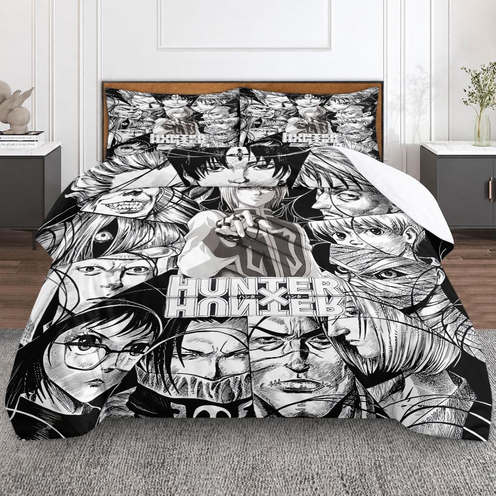 Modern Hunter X Hunter Manga Group Portrait Dark Duvet Cover Set, Cozy Duvet Cover Set for King Size Bed, Cooling Duvet Cover for Warm Nights
