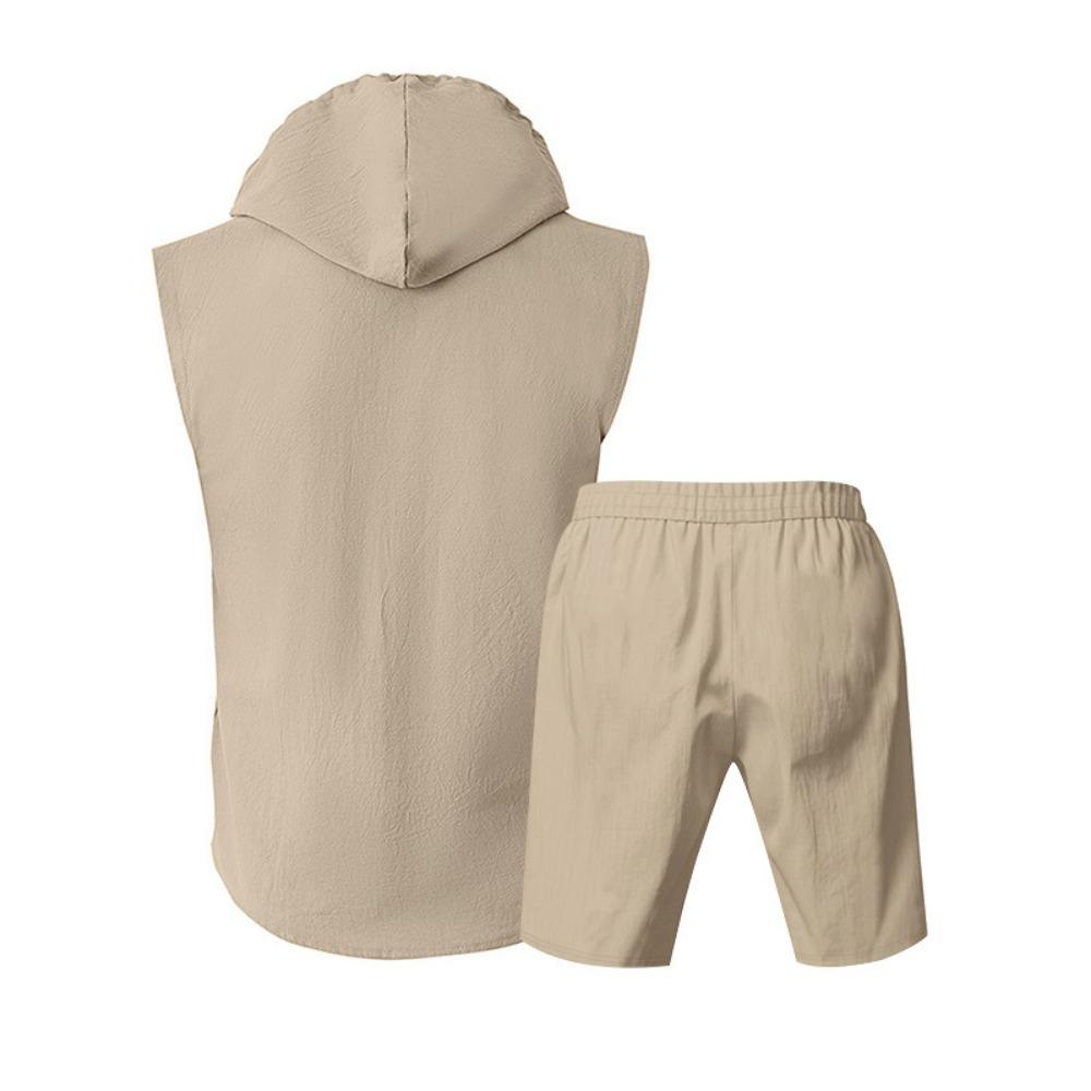 Mens Summer 2 Piece Outfit Shorts Set with Sleeveless Hooded Shirt Top Cotton Beach Casual Loose Fit Comfortable Athletic