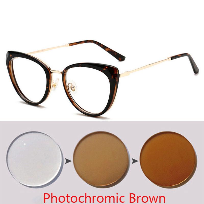 Anti-Blue Light Cat Eye Prescription Spectacle Women Myopia Lens Photochromic Glasses Diopter 0 -0.5 -0.75 -1.0 -2.0 To -6.0