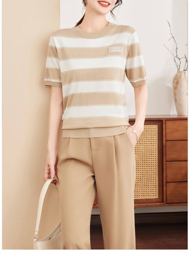 Mother's Day Ice Silk Striped Knit Top: Women's Summer Short-Sleeve Loose Slimming Fashion Wear.