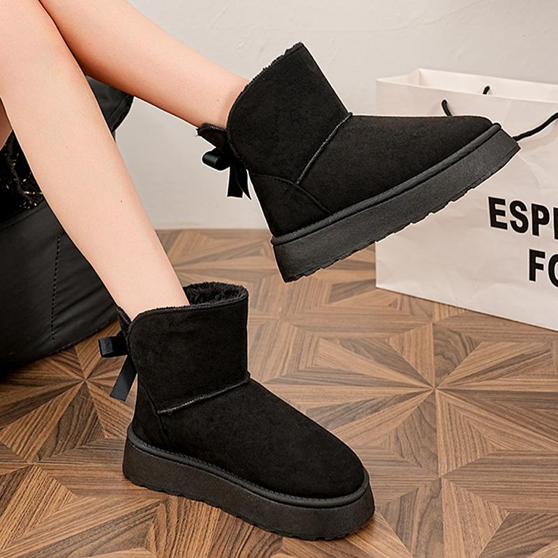 Fashion Faux Suede Platform Snow Boots Women Slip On Warm Thicken Plush Winter Boots Woman Cute Bowk Decor Non Slip Cotton Shoes Female