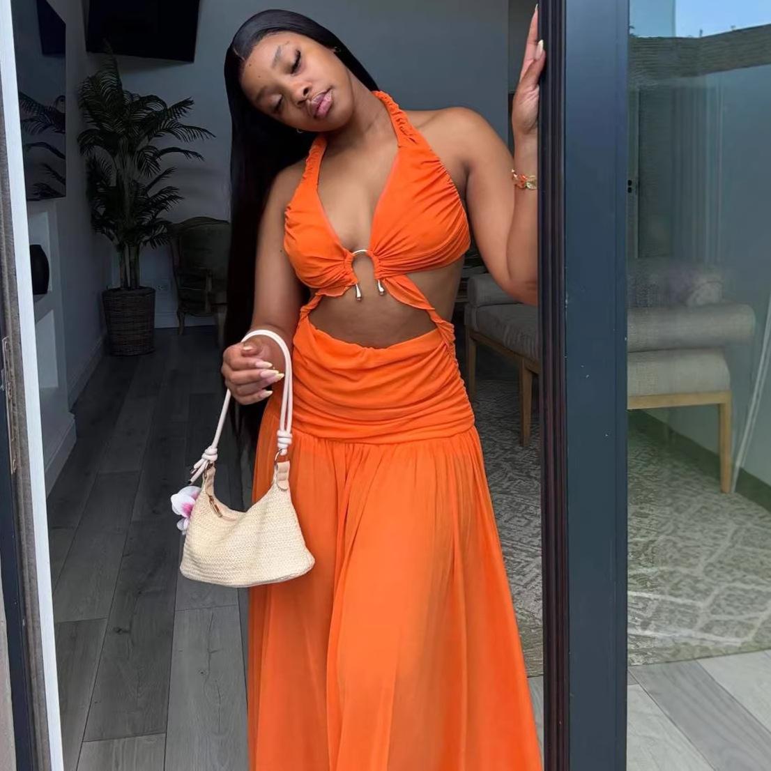 European and American sexy halter strapless strapless strapless backless waist-cinching dress, African temperament, solid color new women s long dress S оранжевый