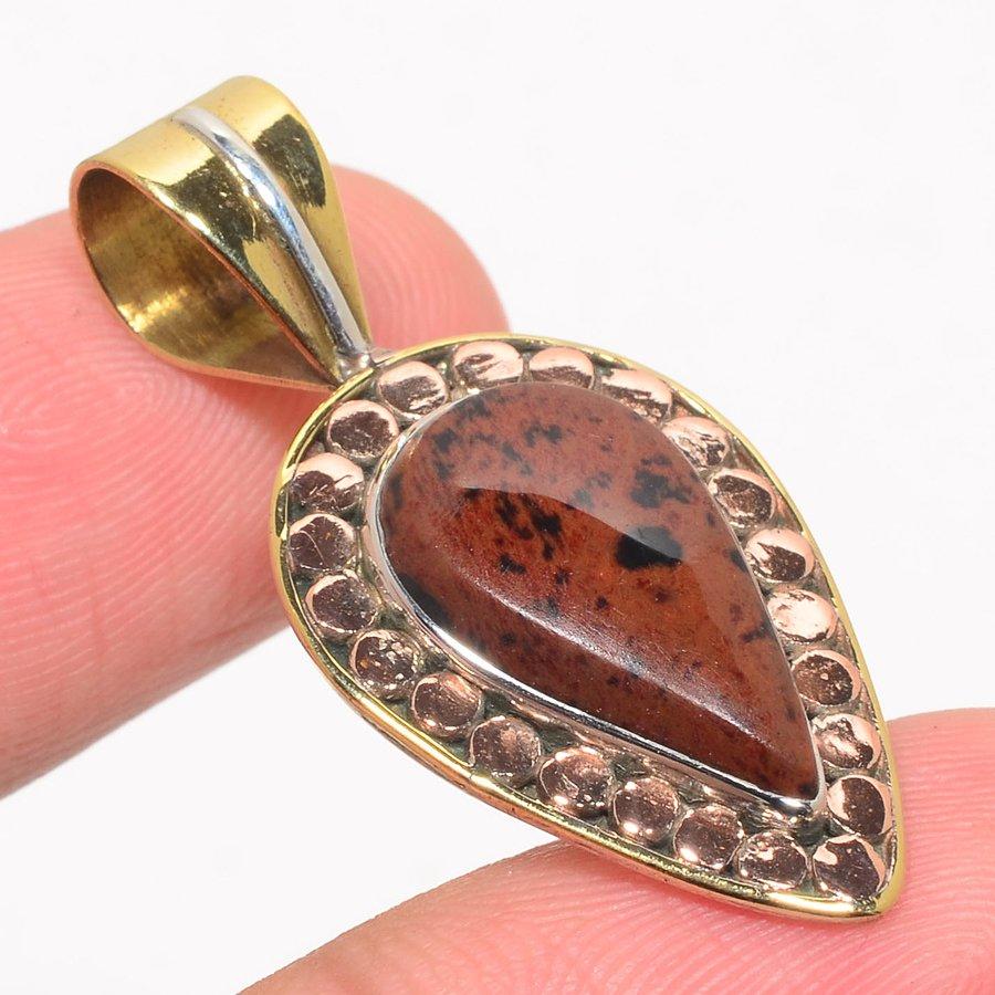 Pendentif en argent sterling massif 925 bicolore en obsidienne acajou naturelle 1,50" b4c32