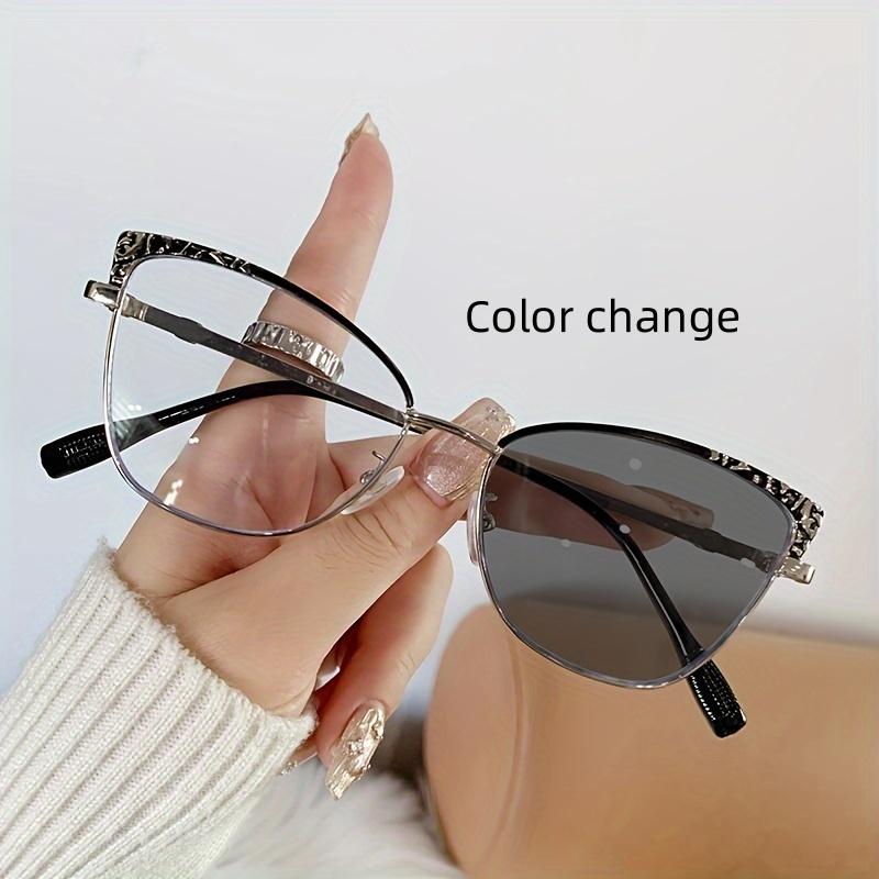 1Pcs Fashionable New Cat Eye Frame Women'S Trendy Metal European And American Flat Mirror Color Changing Anti Blue Light Glasses