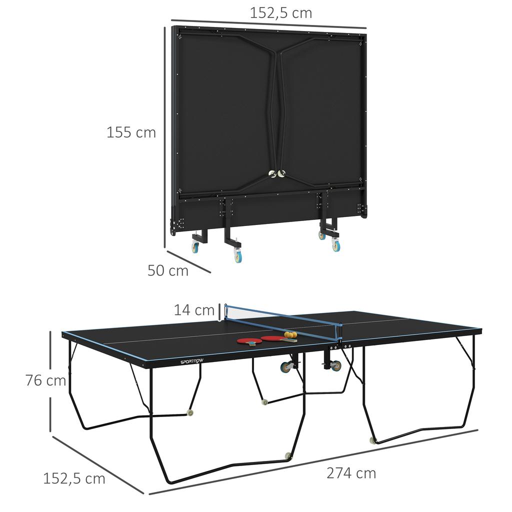 Table Tennis Table, Foldable, 8 Wheels, Powder-Coated Steel Frame, MDF, 274 X 152.5 X 76 Cm, Black