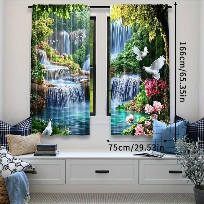 2pcs Nature Waterfall & Dove Pattern Curtains, Designed for Light Blocking, Premium Material, Suitable for Living Room, Bedroom,