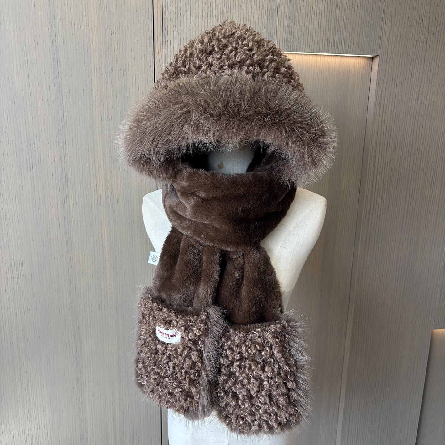 

Fleece Cold-Proof Hat, Scarf And Gloves Integrated Hooded Female Cute Crimped Warm Plush Three-Piece Set One size fits all кавовий