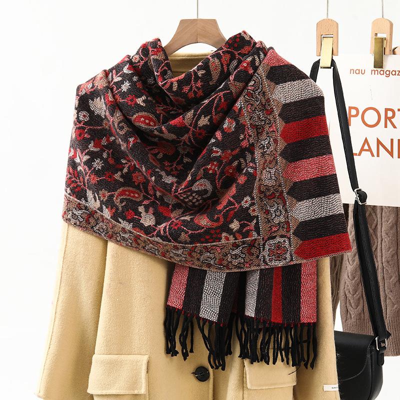 Jacquard Scarf Shawl with Decorative Imitation Cashmere Scarf for Women Winter High End New Style Thickened Ethnic Style Shawl