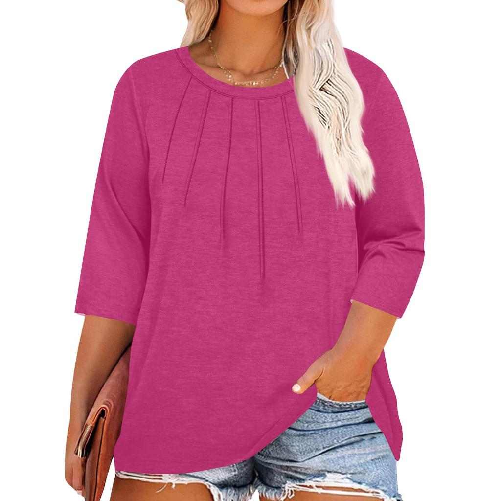 Women's Solid Color Round Neck Plus Size Tops 3/4 Sleeves Elegant Shirt Tops
