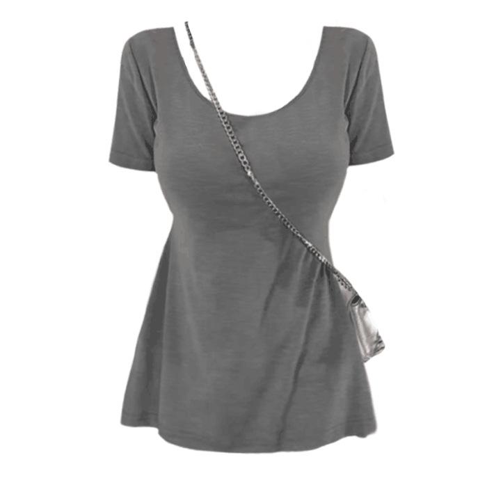 

Comic figure pinched waist short-sleeved top women s summer design sense pure desire Spice girl style long T-shirt M серый