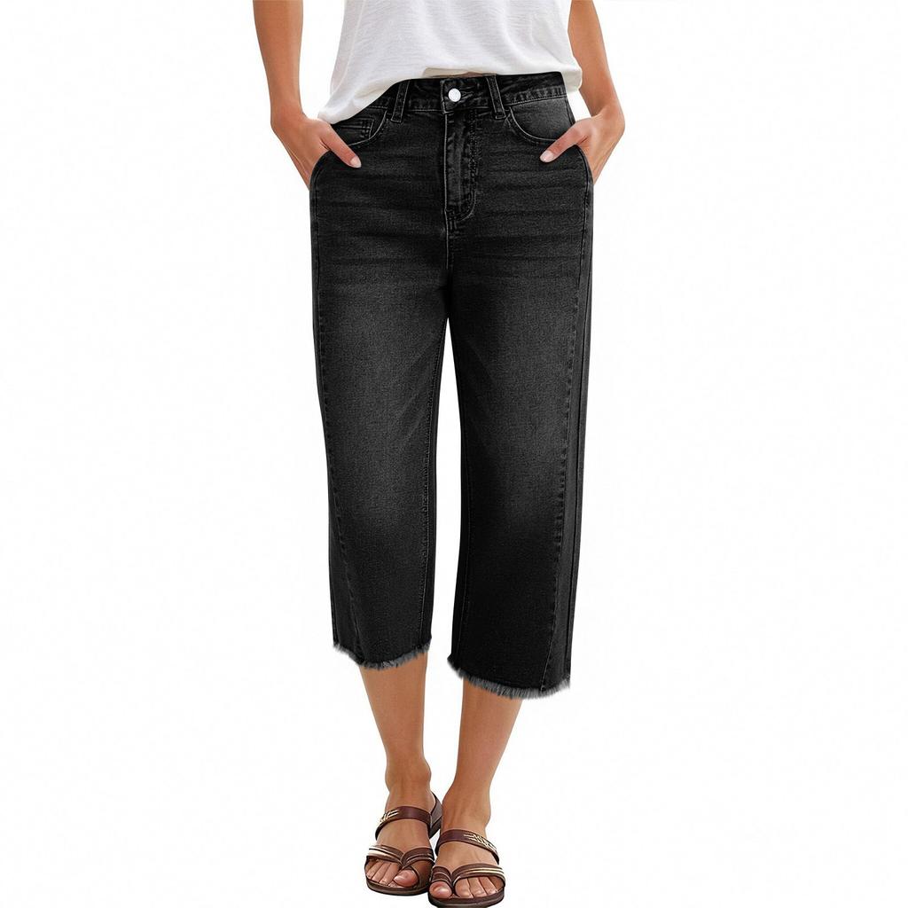 Women's Denim Classic Versatile High Waist Fashionable Cropped Pants