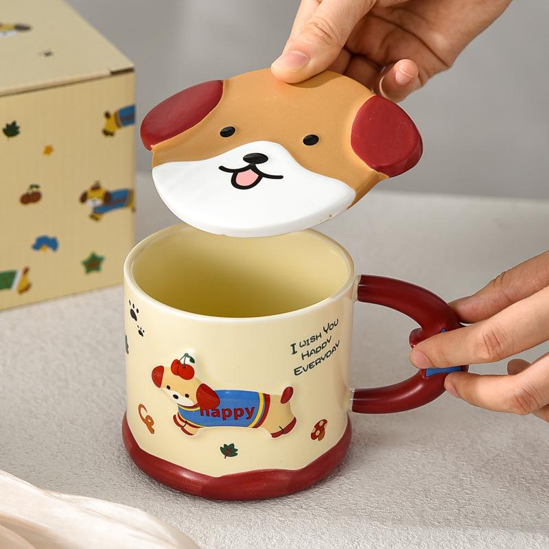 Dachshund Dog with Lid Ceramic Mug Couple Cute Office Water Cup Female Office Worker Particularly Beautiful Cup