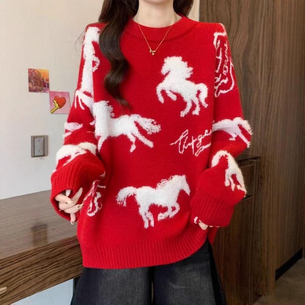 High-End Red Christmas Sweater for Plus Size Women: Loose, Slimming, Super Stylish Knitwear Top