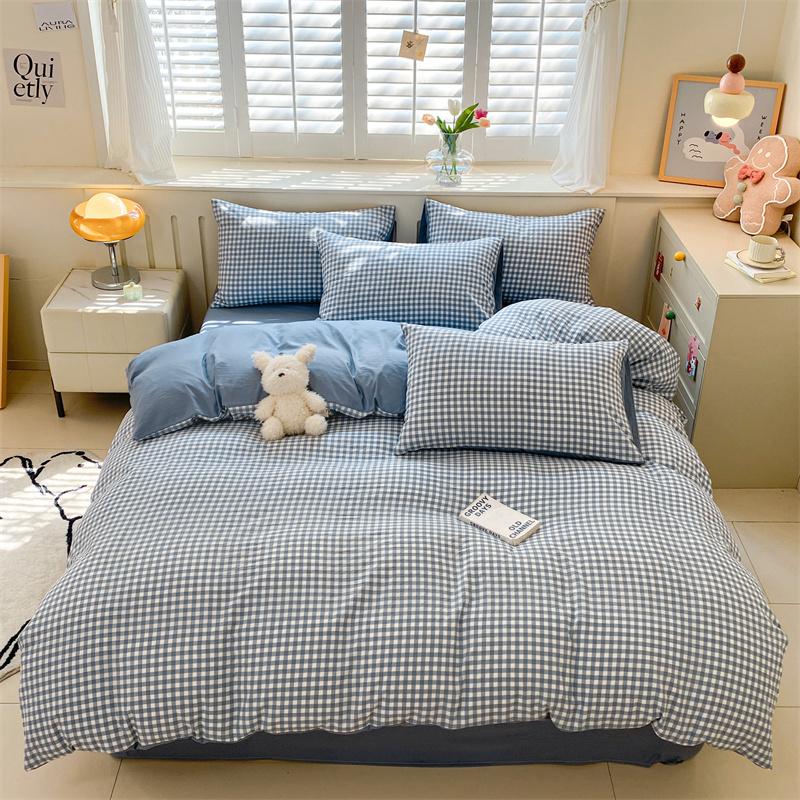 3/4 Pcs Blue Checkered Bedding Set Simple Style Soft Skin Friendly Duvet Cover Flat Sheet and Pillowcases Single Double Bed Sets