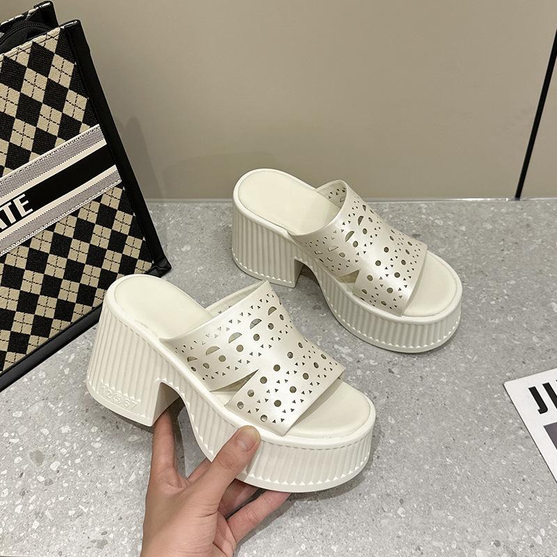 

Fashion 10CM Microfiber Leather Breathable Sandals Flats Hollow High Brand Shoes Round Toe Summer Women Slipper Slip on Platform Wedge 33 бежевый