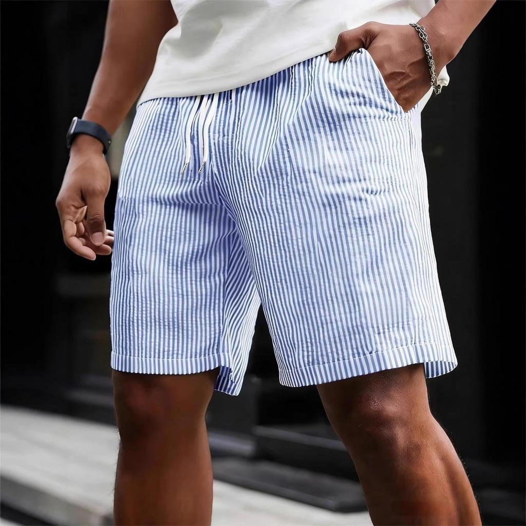 Spring Summer Men's Striped Drawstring Sports Shorts Simple Casual Mid Shorts for Europe America