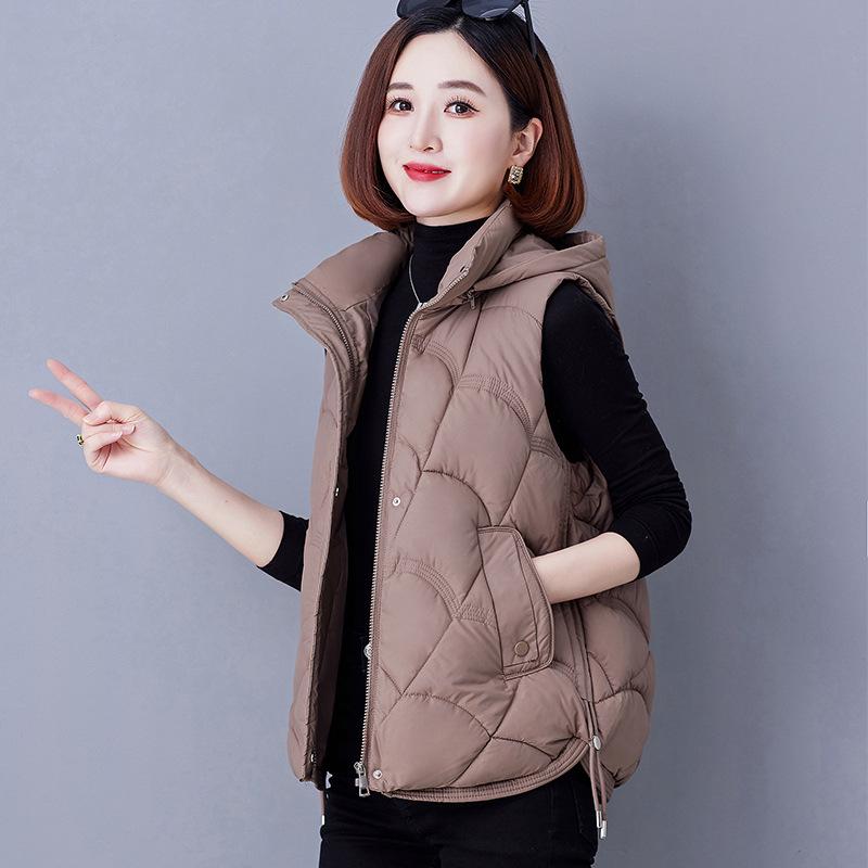 Stylish Hooded Down Cotton Vest for Middle-Aged Women, Windproof Warm Casual Jacket for Autumn/Winter